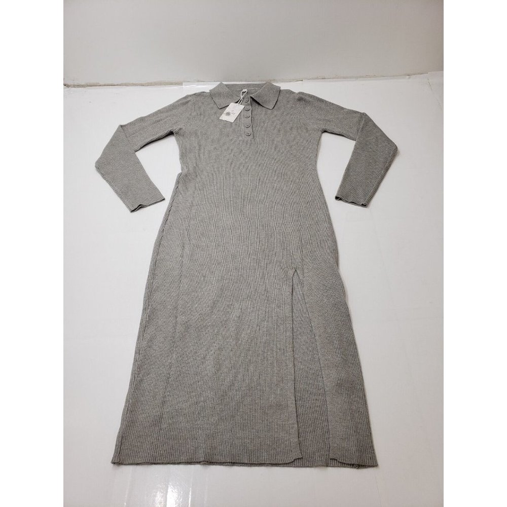 Deep Self Womens Dress Long Sleeve 1/4 Button Collared Stretch Ribbed Grey M